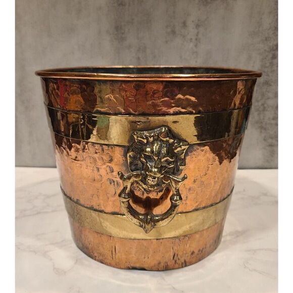 French Lion Hammered Copper Brass Jardiniere Planter Knocker Handles Décor 7"x9" - Picture 16 of 16